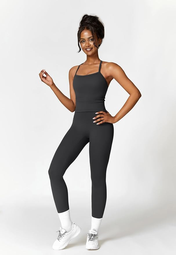 Womens Workout Sets Two Piece Cross Back Tank Top Matching High Waist Leggings Sets Gym Outfits W... | Amazon (US)