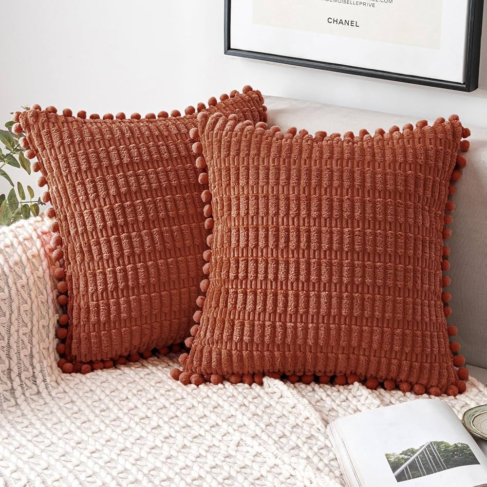 MIULEE Rust Corduroy Decorative Throw Pillow Covers Pack of 2 Pom-pom Soft Boho Striped Pillow Co... | Amazon (US)