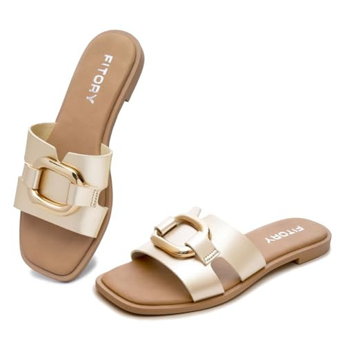 FITORY Women's Flat Sandals Fashion Square Open Toe Slides With Metal Chain Slippers for Summer Size 7 Gold | Amazon (US)