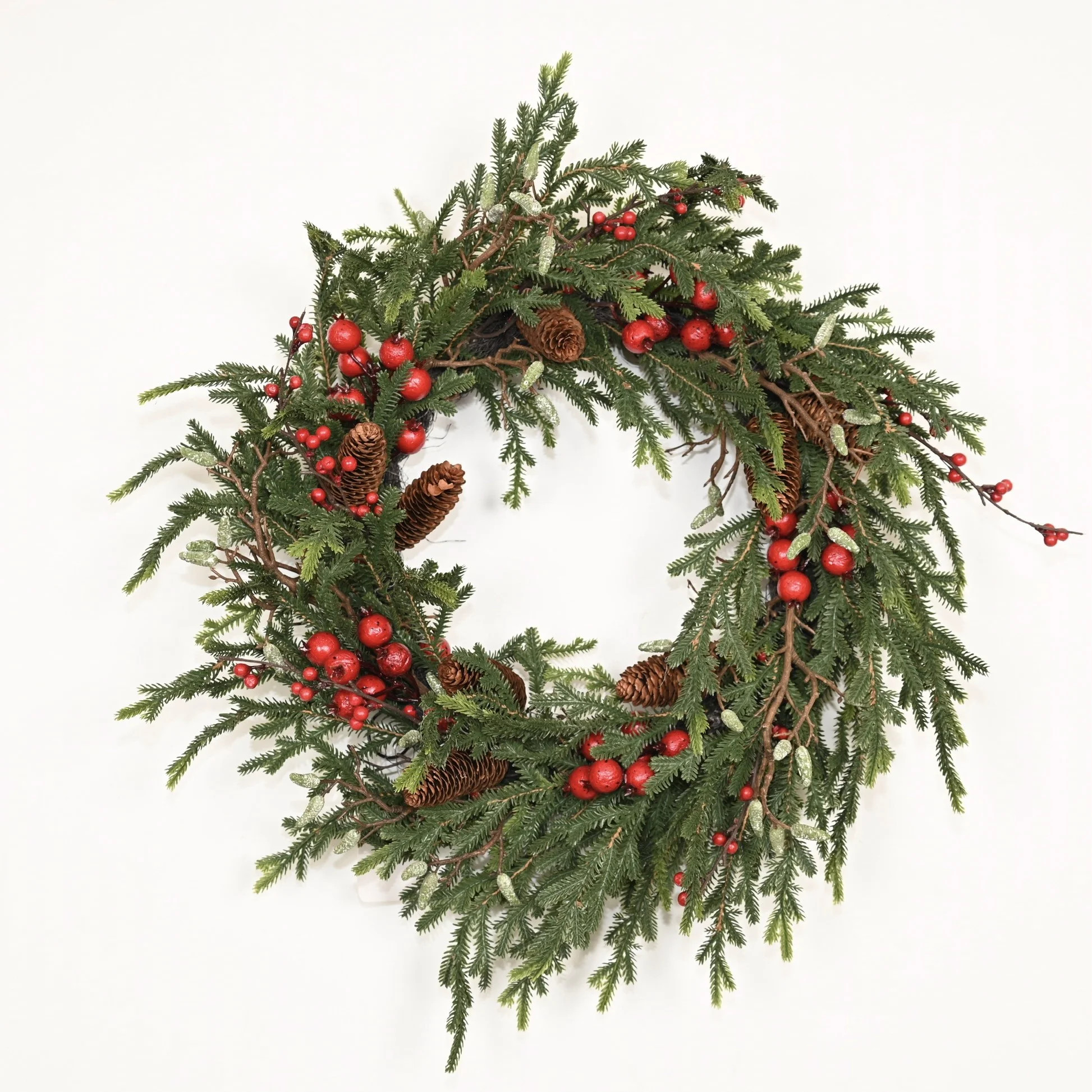 24" Artificial Real Touch Farmhouse Red Berry Pinecone Pine Winter Christmas Wreath For Front Door Holiday Gatherings Festive Decor | Wayfair North America