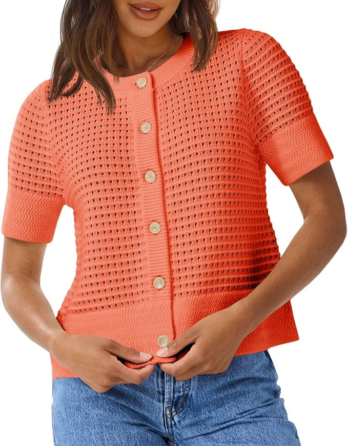 Saodimallsu Womens Crochet Short Sleeve Cardigans Button Up Crew Neck Summer Beach Knit Sweater T... | Amazon (US)