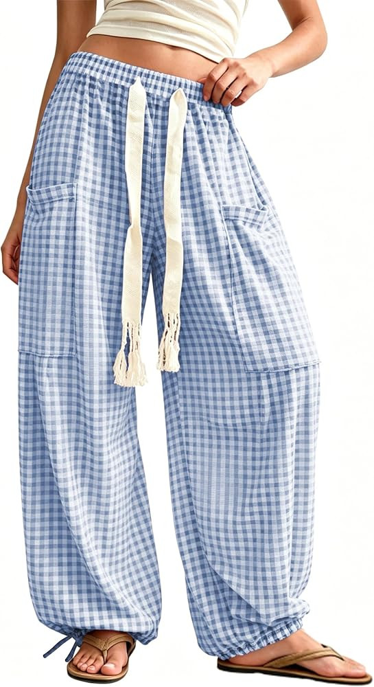 Springrain Womens Gingham Boho Pants Baggy Drawstring Wide Leg Trousers | Amazon (US)