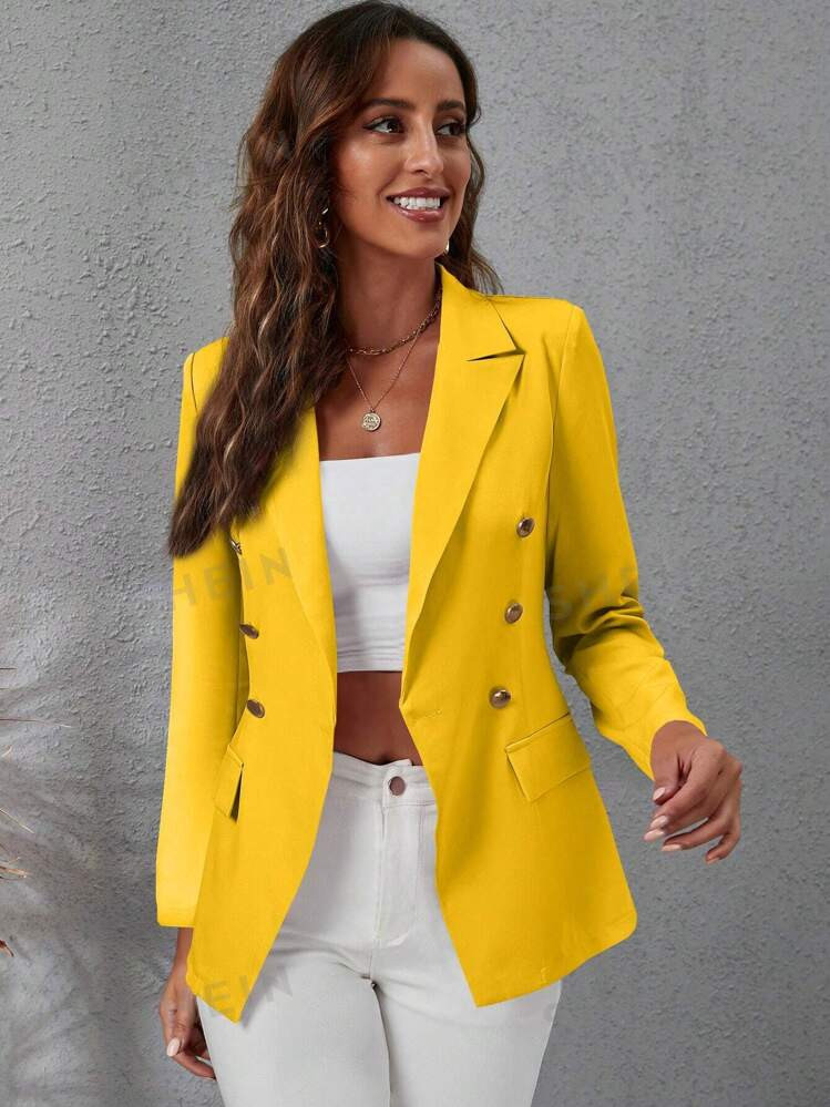 SHEIN LUNE Casual Commute Plain Double Breasted Blazer | SHEIN