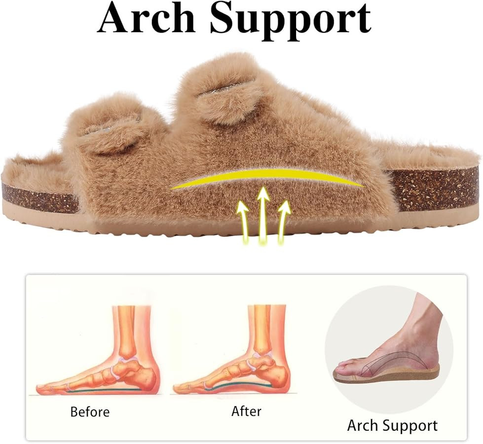 KIDMI Fuzzy Slippers Women with Cork Footbed Fluffy Slides Open Toe Indoor House Shoes | Arch Sup... | Amazon (US)