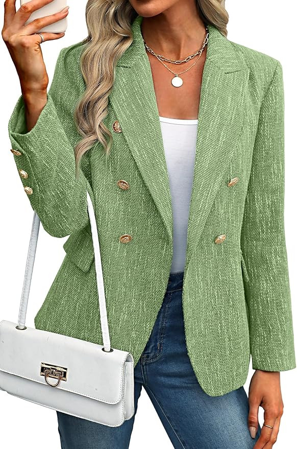 ELLEVEN Women's Tweed Blazers Business Casual - Long Sleeve Double Breasted Jackets Open Front Wo... | Amazon (US)