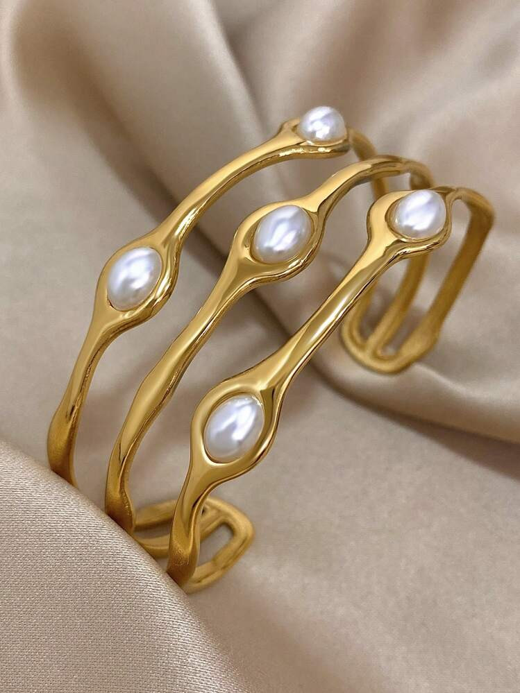 1 Pc Elegant Stackable Bangle Bracelets For Women Teen Faux Pearl Bracelets Stainless Steel Daily Party Jewelry Christmas Gifts | SHEIN