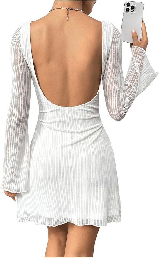 Milumia Women's Sparkly Mesh Long Sleeve Short Dress Backless Glitter Mini Dresses | Amazon (US)