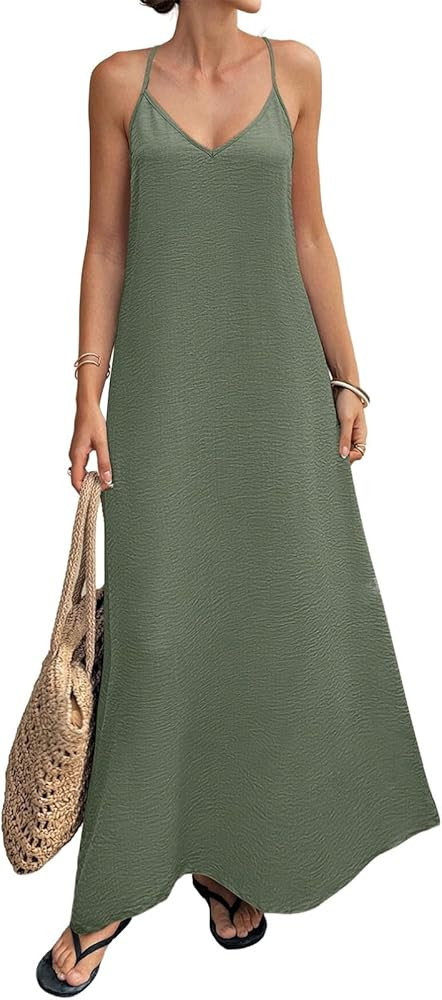 watersouprty Backless Cami Halter Neck Dress for Women Sleeveless Long Maxi Dresses for Beach Sum... | Amazon (US)