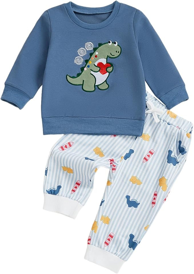 Toddler Boy Fall Spring Outfits Dinosaur Heart Embroidery Long Sleeve Sweatshirt Pencil Striped L... | Amazon (UK)