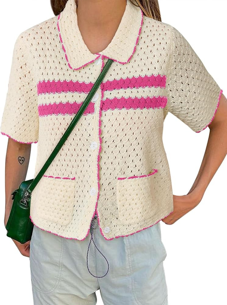 Yousify Womens Striped Short Sleeve Sweater Casual Knitted Button Down Crochet Cardigan Vintage Y... | Amazon (US)