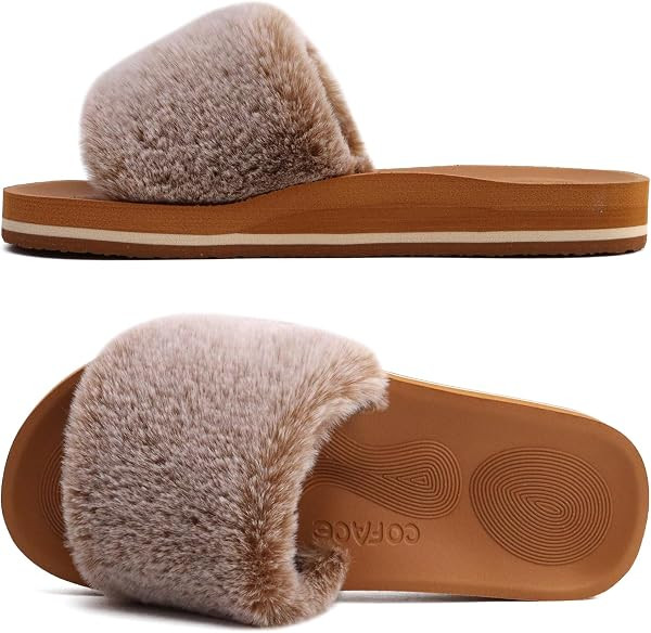 COFACE Fuzzy Womens Slippers with Arch Support Open Toe Orthopedic Fur Slipper Indoor Outdoor | Amazon (US)