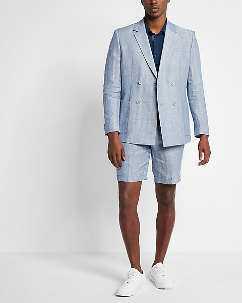 Slim Blue Herringbone Double Breasted Linen Suit Jacket | Express