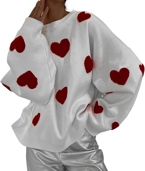 CocMouse Women Cute Heart Pattern Sweaters Long Sleeve Crew Neck Pullover Oversized Jumper Ribbed... | Amazon (UK)