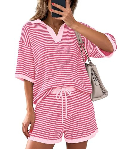 PRETTYGARDEN Women 2 Piece Lounge Sets Short Sleeve V Neck Striped Tops Drawstring Short Sets Beach Summer Outfits 2026(Striped Pink,Small) | Amazon (US)