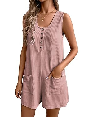 Amazon.com: Ekouaer Women's Summer Casual Rompers Waffle Short Overalls Loose Jumpsuit Beach Outf... | Amazon (US)