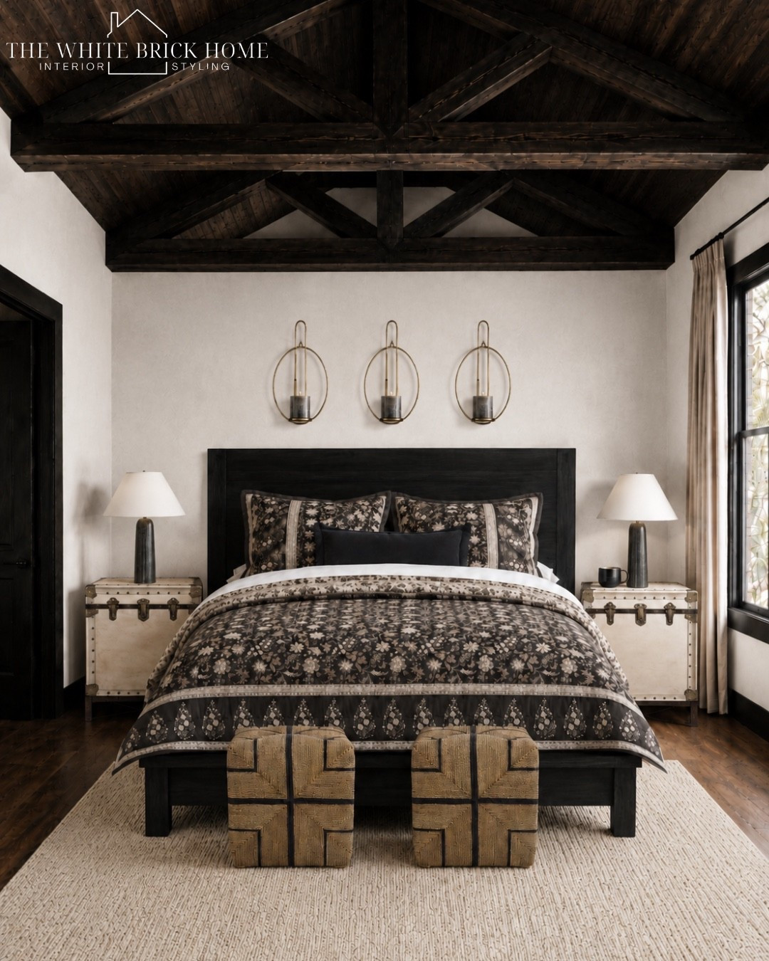 Moody florals, rustic beams, and warm candle light create a bedroom that feels effortlessly cozy, elevated, and timeless. 
🖤🖤
Bed, bedroom, bedroom design, bedroom decor ideas, bedding, area rug, bedroom design ideas, cozy bedroom, cozy room, rustic bedroom, black and white bedroom, bedroom decor ideas, bed, nightstand, wall art, wall decor, nightstand, table lamp, home decor, home design, bedroom design, bedroom ideas, curtains, pottery barn, pottery barn bedroom, bedroom design ideas or ideas, home design, Bedroom cozy, pottery barn, pottery barn master bedroom, pottery barn primary bedroom

#LTKHome #LTKSeasonal #LTKSaleAlert