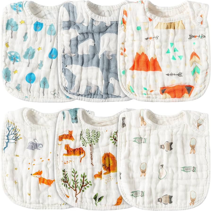 Zainpe 6Pcs Snap Muslin Cotton Bibs for Baby Bear Fox Deer Dog Bib Adjustable Machine Washable Bu... | Amazon (US)