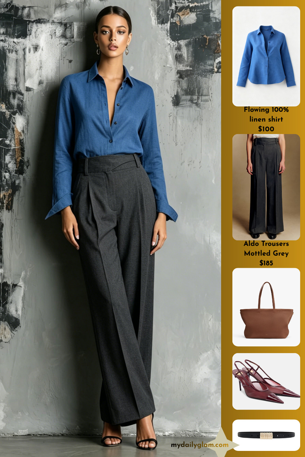 Sophisticated Office Outfit | Bright Blue Linen Shirt + High Waist Grey Pleated Wide Leg Trousers
#WorkwearOutfit
#OfficeChicStyle
#WideLegTrousers 

 #LTKootd #LTKOver40 #LTKWorkwear