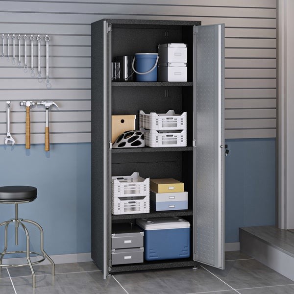 Click for more info about Fortress Textured Metal 75.4" Garage Cabinet with 4 Adjustable Shelves in Grey