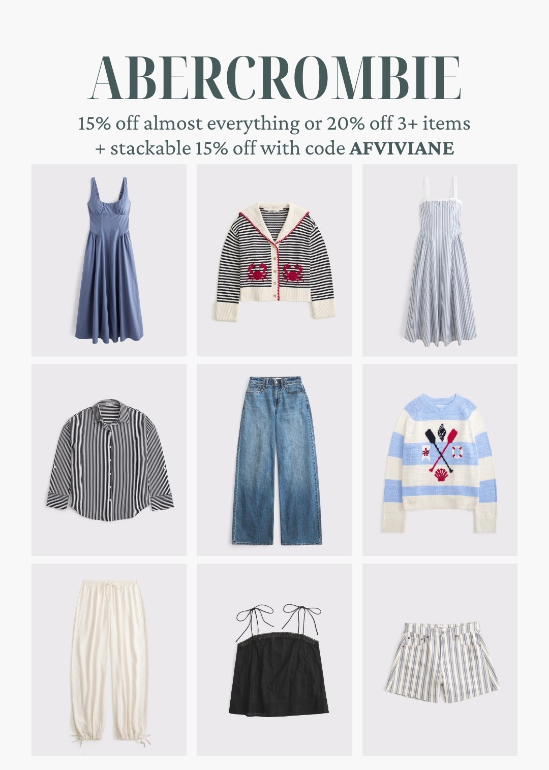 [4/23/26] @abercrombie sale! nautical new arrivals I’m loving 🦀🤍⚓️

[Offer valid in stores and online 4/23/26-4/27/2026 in US/CA. Exclusions apply as indicated. Online price reflects discount.
﻿﻿Promo Code: *Use code AFVIVIANE to get an additional 15% off almost everything in stores and online at checkout from 4/23/26-4/27/26 in US/CA. Exclusions apply. See details online.]

#LTKSaleAlert #LTKgrwm #LTKootd