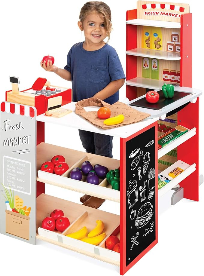 Best Choice Products Pretend Play Grocery Store Wooden Supermarket Toy Set for Kids w/ Play Food,... | Amazon (US)