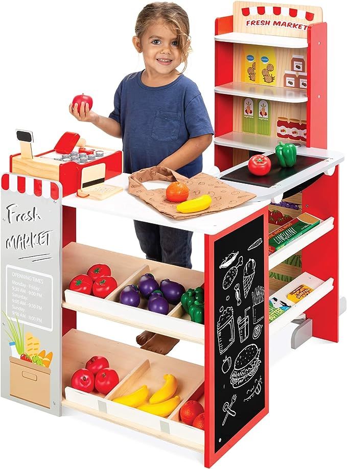 Best Choice Products Pretend Play Grocery Store Wooden Supermarket Toy Set for Kids w/ Play Food,... | Amazon (US)