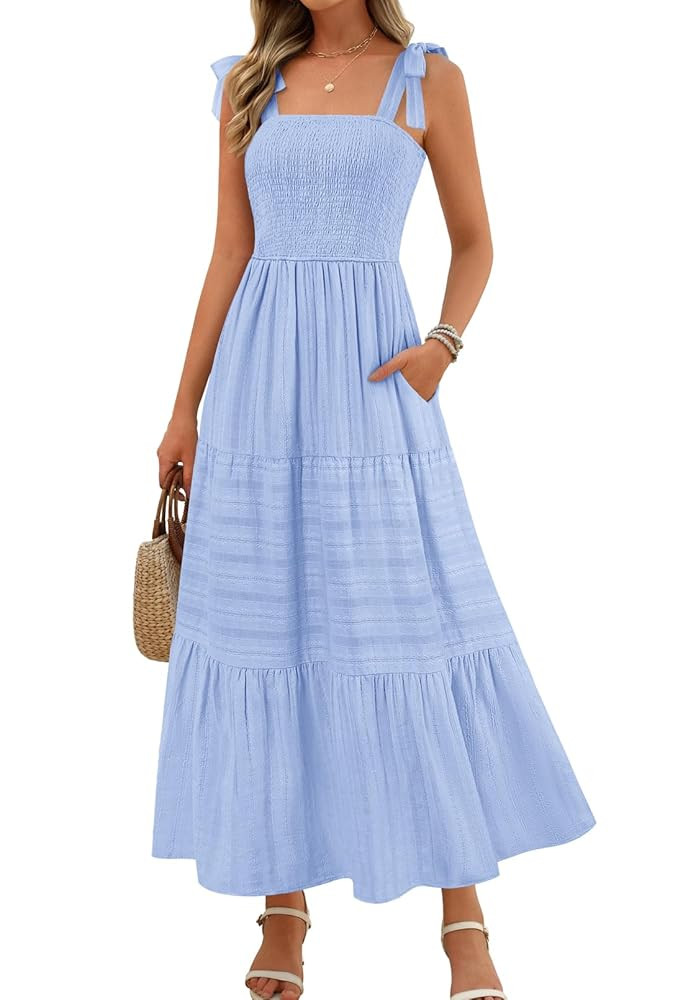 MEROKEETY Women's Summer Boho Maxi Dress Beach Vacation Casual Smocked A Line Sundress with Pocke... | Amazon (US)