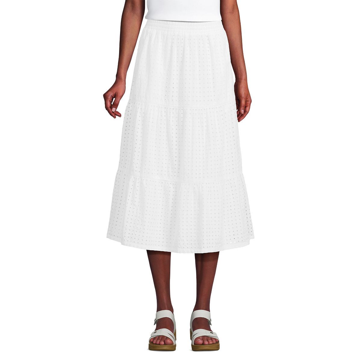 Lands' End Women's Poplin Elastic Waist Tiered Midi Skirt | Target