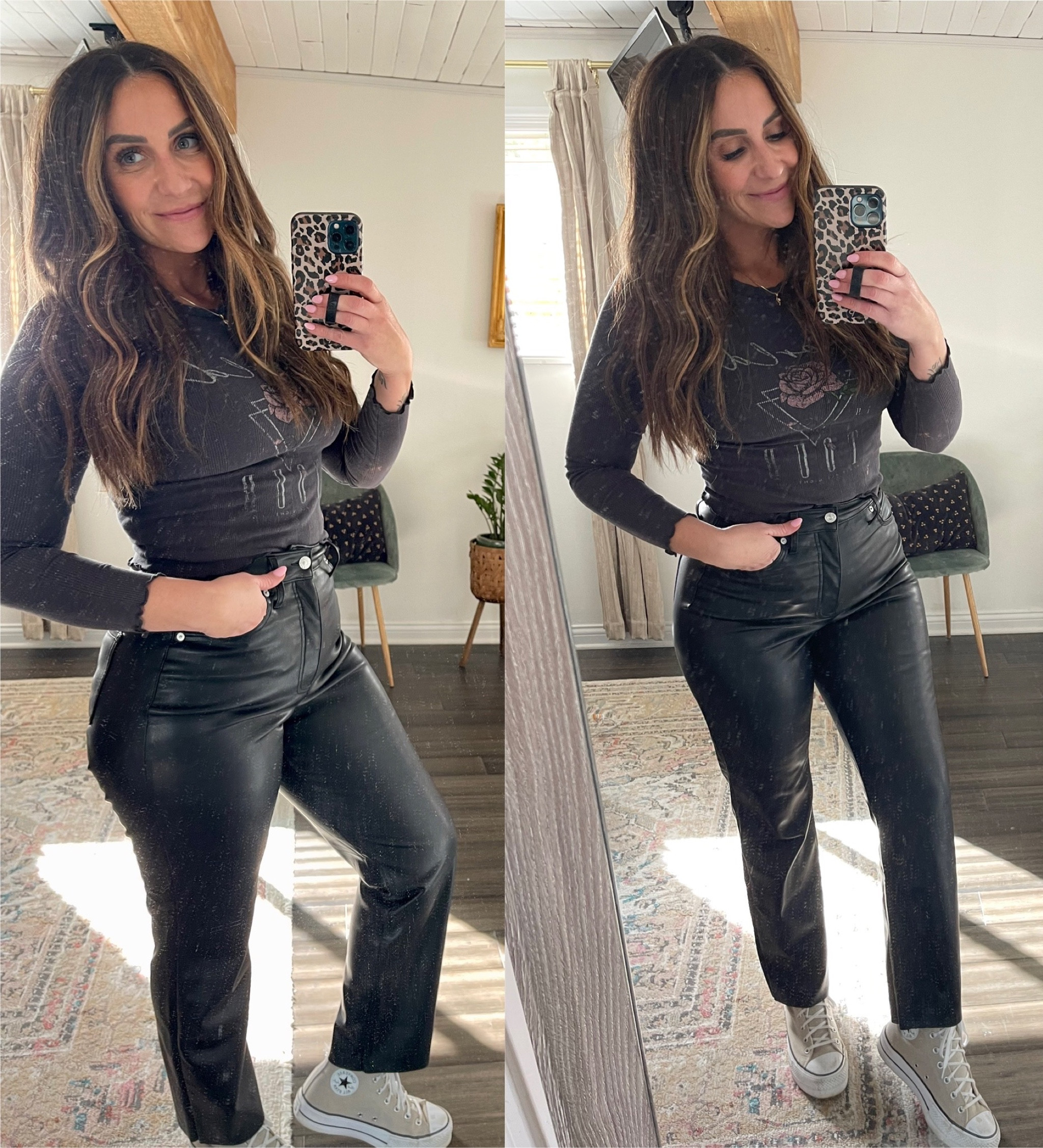 Comfy faux leather👖for big bumpers🍑
I’m 5’6” 160lbs 
Pants - size 8
Top - S/M
Shoes (I’m usually a 9.5, i size down to a 9 in converse)

#stylistoutfits #salonoutfits #hairstylistoutfit 

#LTKunder100 #LTKcurves #LTKSeasonal