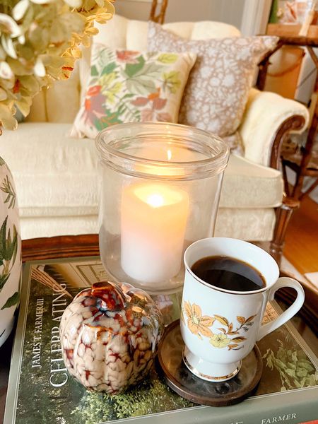 Finally a chilly morning to drink my coffee by the fire. #goodmorning #chillymorning #coffeelover #coffeebythefire #almostthanksgiving #november #homesweethome #seasonaldecor #vintagefinds #candlelight #sunnysunday #needlepointpillow #blockprint #livingwithantiques #antiqueslover #glasspumpkin #bookstack #coffeetablevignette 

#LTKSeasonal