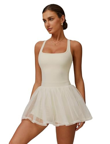 ABOCIW Womens Tennis Dress with Built in Shorts Racer Back Mesh Hem Athletic Dress Golf Outfits Yoga Active Workout Dresses Beige X-Large | Amazon (US)