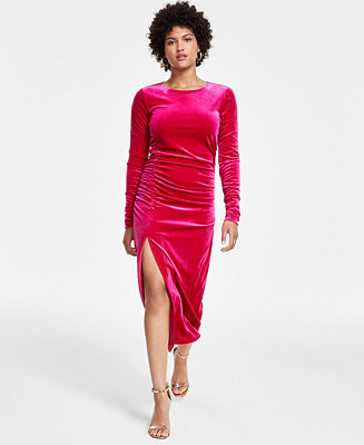 Women's Velvet Ruched Long-Sleeve Dress | Macy's