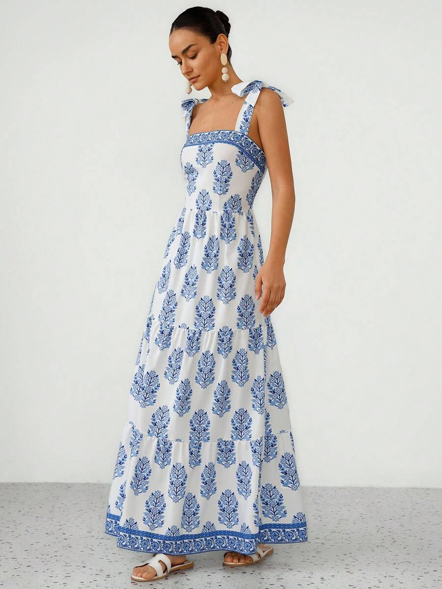 Aveloria Modichic Elegant French Style Vacation Print Spaghetti Strap Tied Bow Open Back Cinched ... | SHEIN