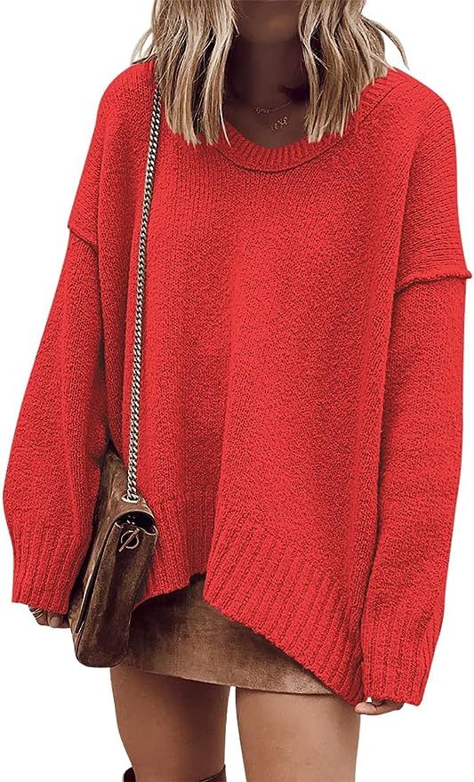 Prinbara Women's Oversized Long Sleeve V Neck Off The Shoulder Baggy Comfy Knit Pullover Sweaters | Amazon (US)