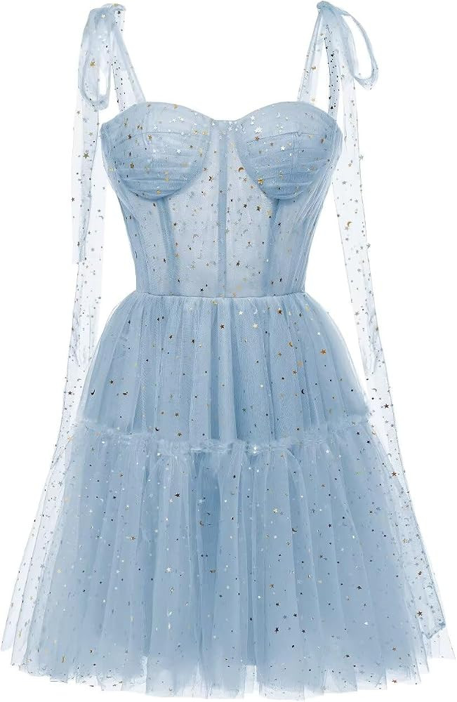Sparkle Starry Tulle Homecoming Dresses Spaghetti Straps Short Formal Party Mini Dress for Teens | Amazon (US)