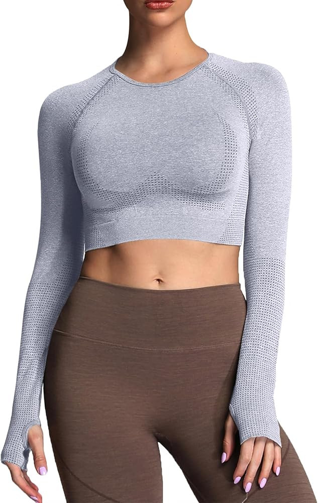 Aoxjox Long Sleeve Crop Tops for Women Workout Seamless Cropped T Shirt Top | Amazon (US)