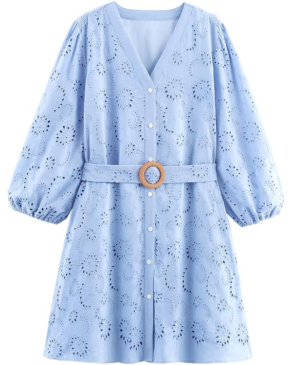 Women's Eyelet Long Sleeve Mini Dress Casual Cotton V Neck Button Down Loose Party Beach Fall Sho... | Amazon (US)