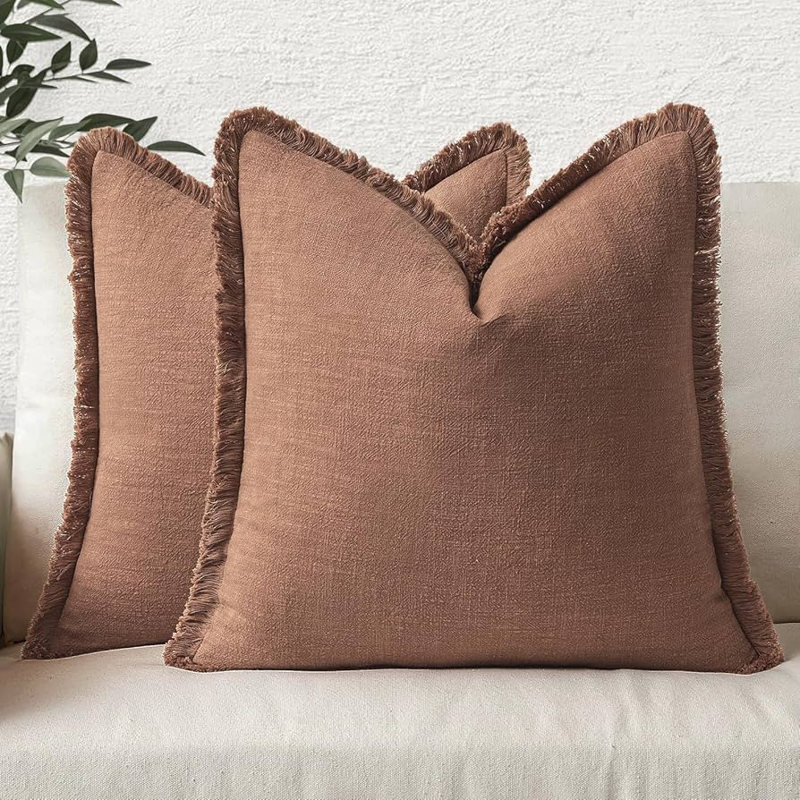 MIULEE Decorative Throw Pillow Covers Neutral Linen Fringe Throw Pillows Set of 2 Brick Boho Farm... | Amazon (US)