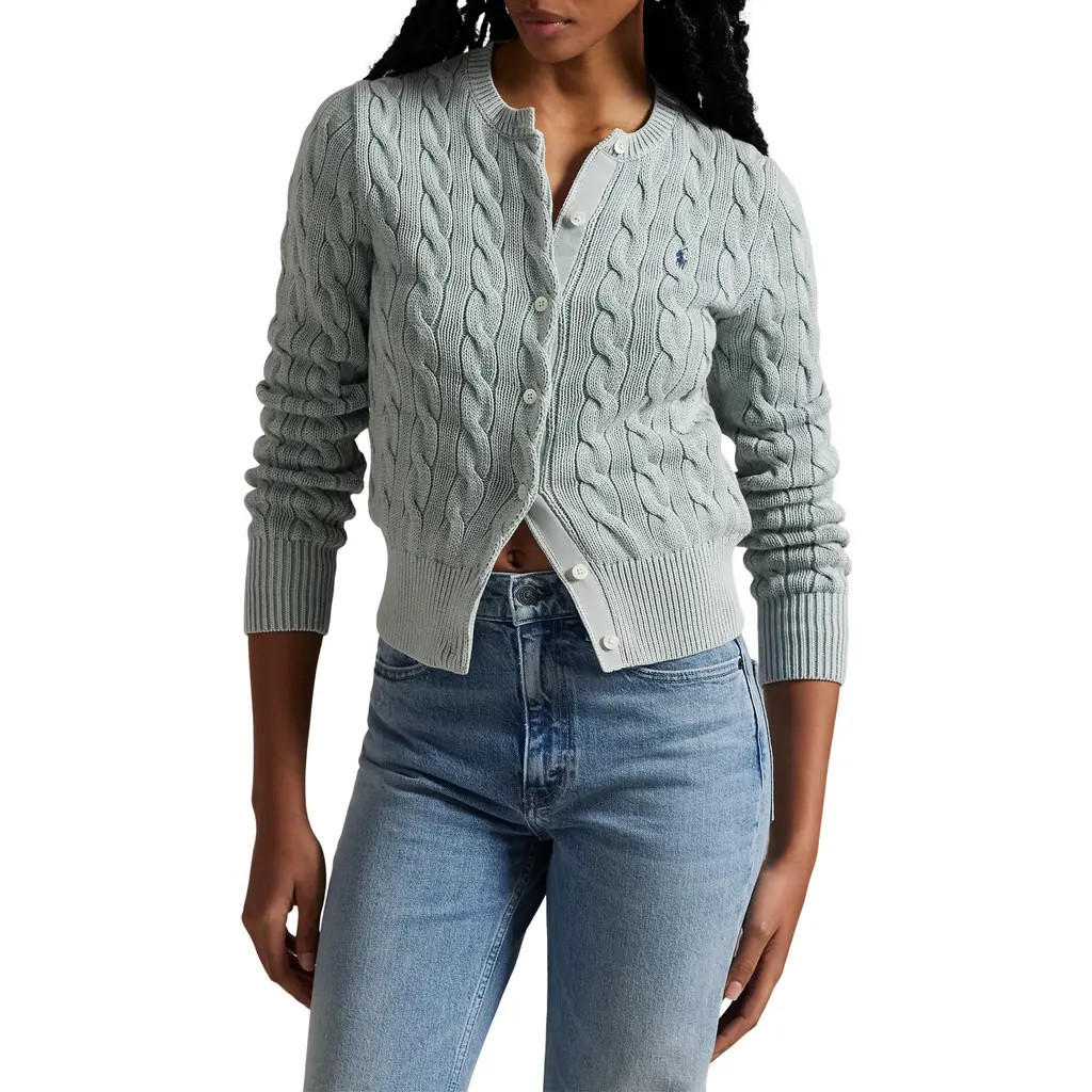 Polo Ralph Lauren Cable Cotton Cardigan in Light Chambray at Nordstrom, Size Small | Nordstrom