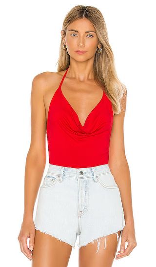 Nia Drape Front Bodysuit in Red | Revolve Clothing (Global)