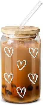 NewEleven Cute Glass Coffee Cups With Lids And Straw – Aesthetic Cups – Iced Coffee Cup, Coff... | Amazon (US)