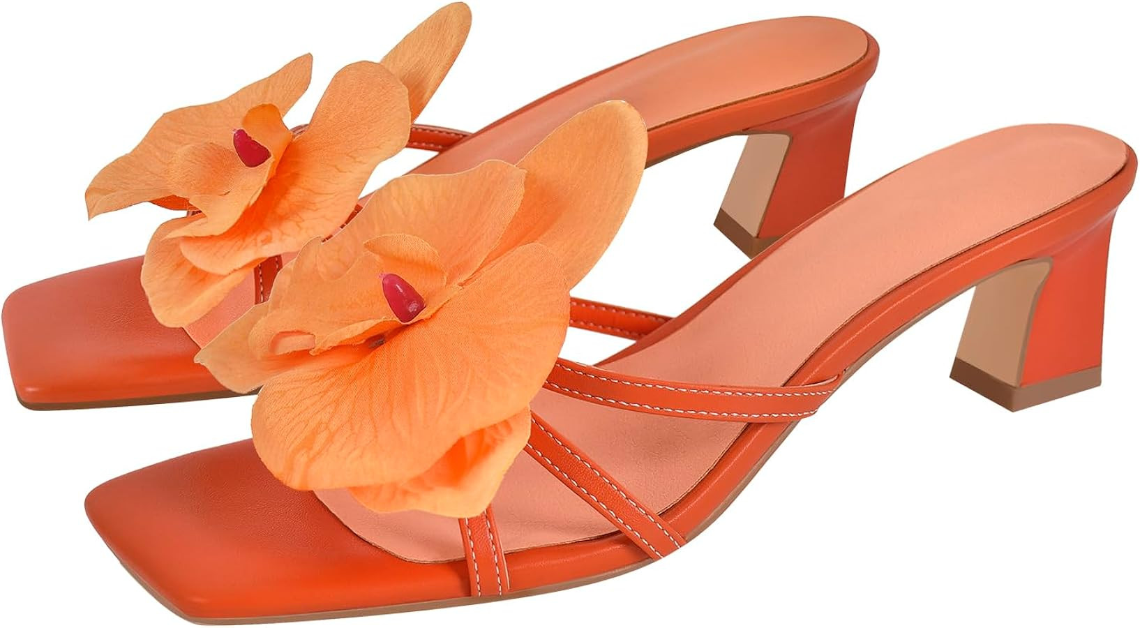 Women's Square Toe Block Mid Heels Floral Slides Sandals | Amazon (US)