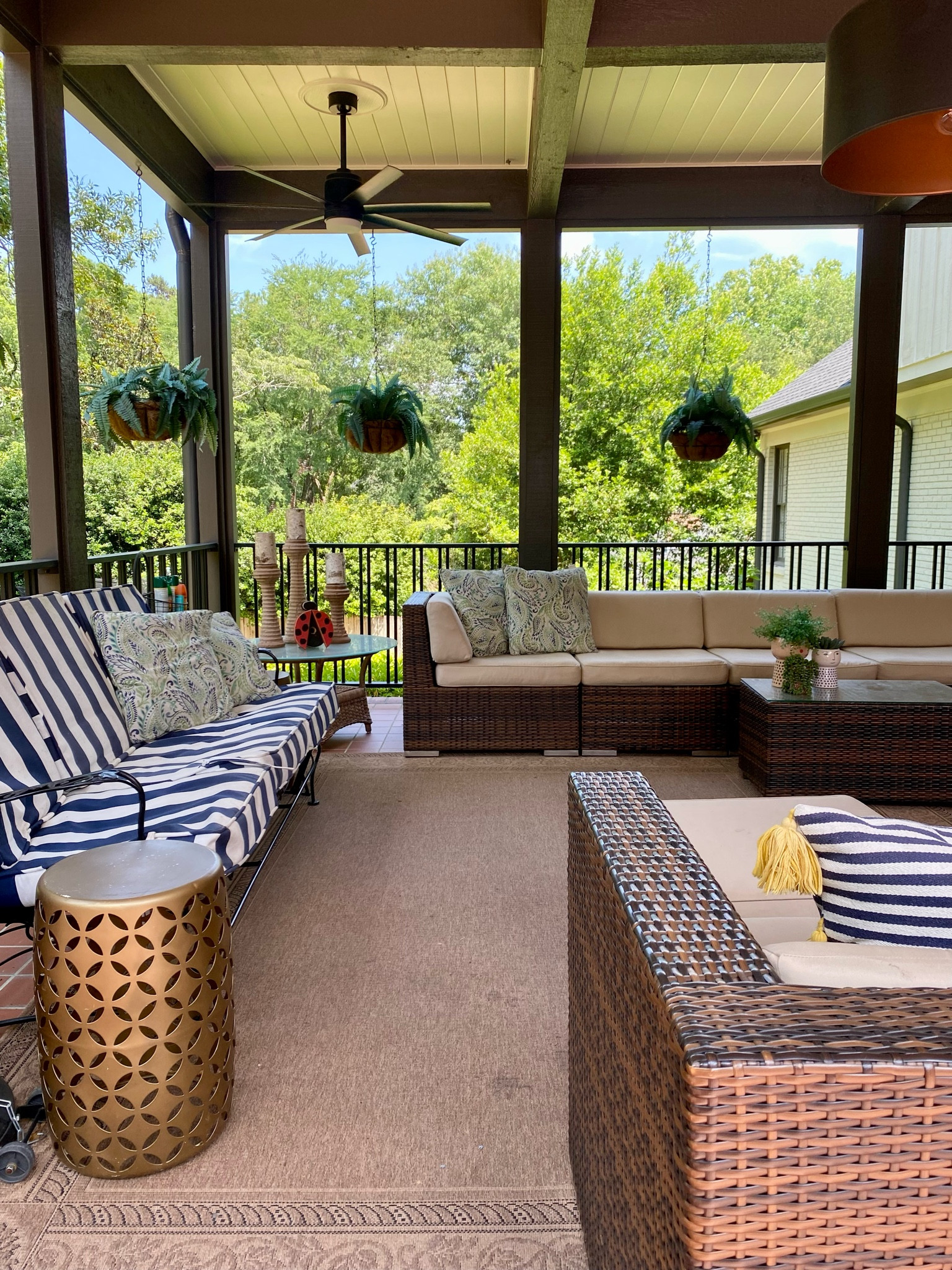Porch reset today! We have loved these striped cushions for 3 years & they’re still available to buy 🙌🏼 I got the paisley throw pillows at Costco about 8 years ago, but these are super similar!

#LTKhome #LTKunder50