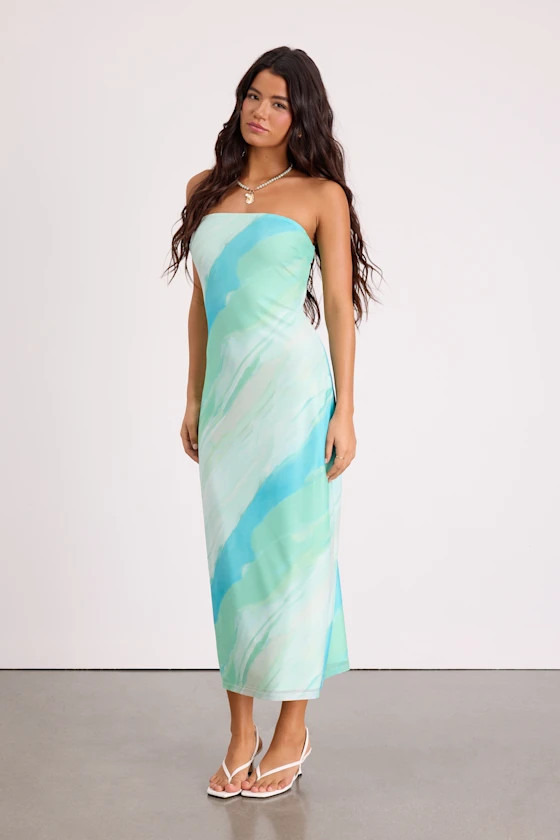 Jaylah Mint Multi Mesh Strapless Midi Dress | Lulus