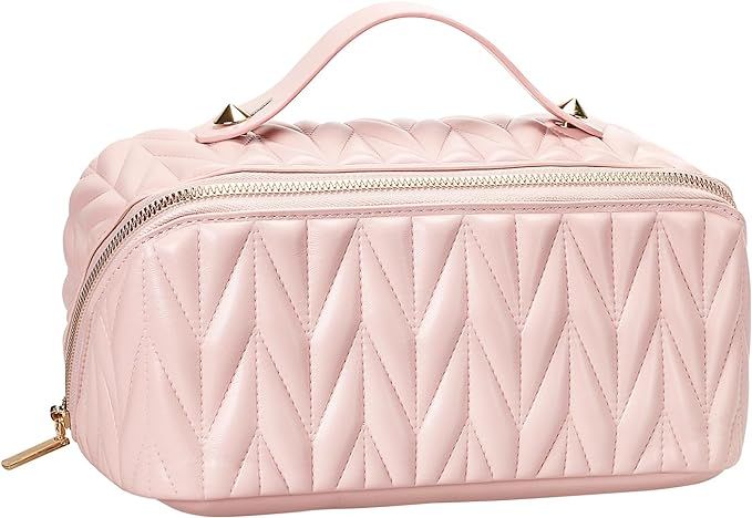 Large Makeup Bag Pink Cosmetic Bag PU Leather Waterproof Travel Cosmetic Organizer for Women Port... | Amazon (US)