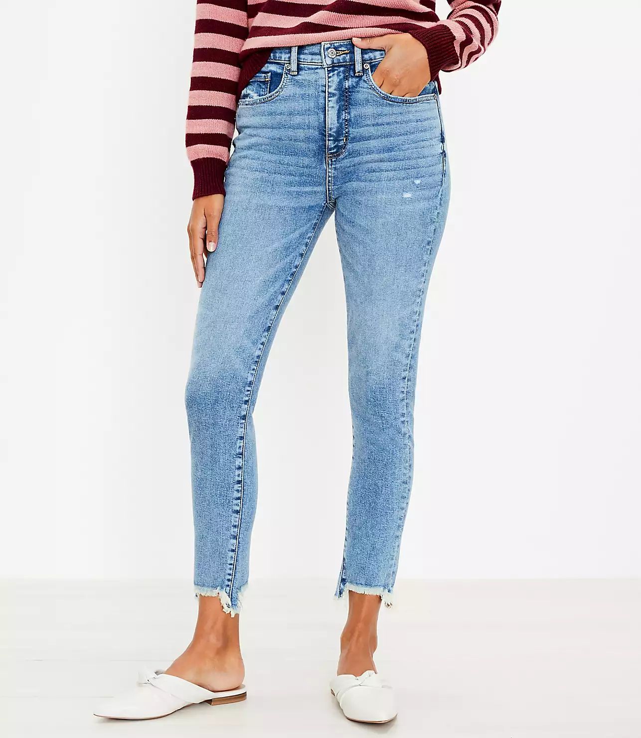 Petite Chewed Hem High Rise Skinny Jeans in Authentic Indigo | LOFT