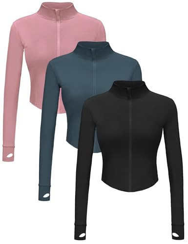 Dalavch 3 Pack Womens Cropped Full Zip up Workout Jacket Slim Fit Running Athletic Gym Yoga Sports Jacket with Thumb Holes 1 Black 1 Pink 1 Blue Large | Amazon (US)