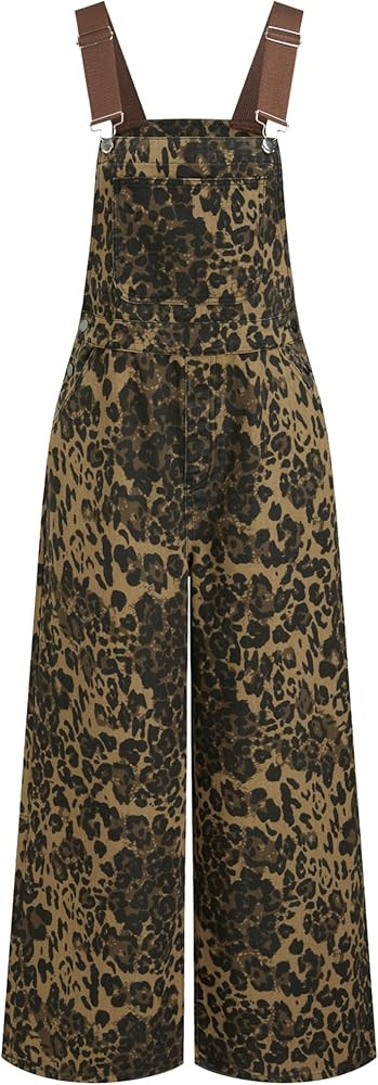 CIDER Overalls for Women Denim Leopard Pocket Buckle Up Wide Leg Jumpsuit | Amazon (US)