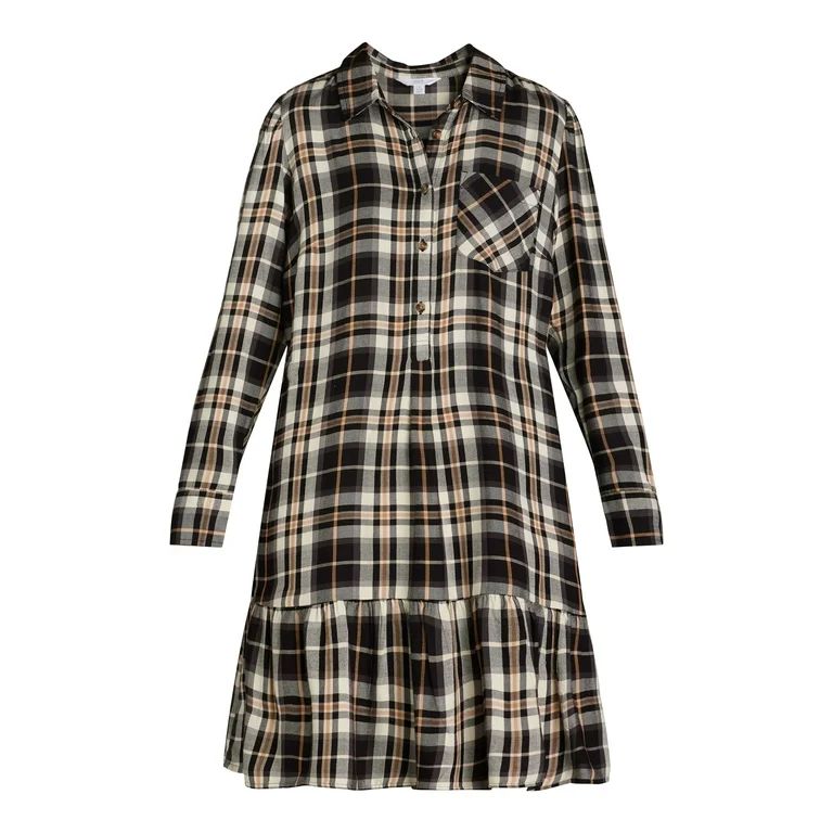 Time and Tru Ruffle Hem Mini Shirt Dress with Long Sleeves, Women's and Women's Plus, Sizes XS-4X | Walmart (US)