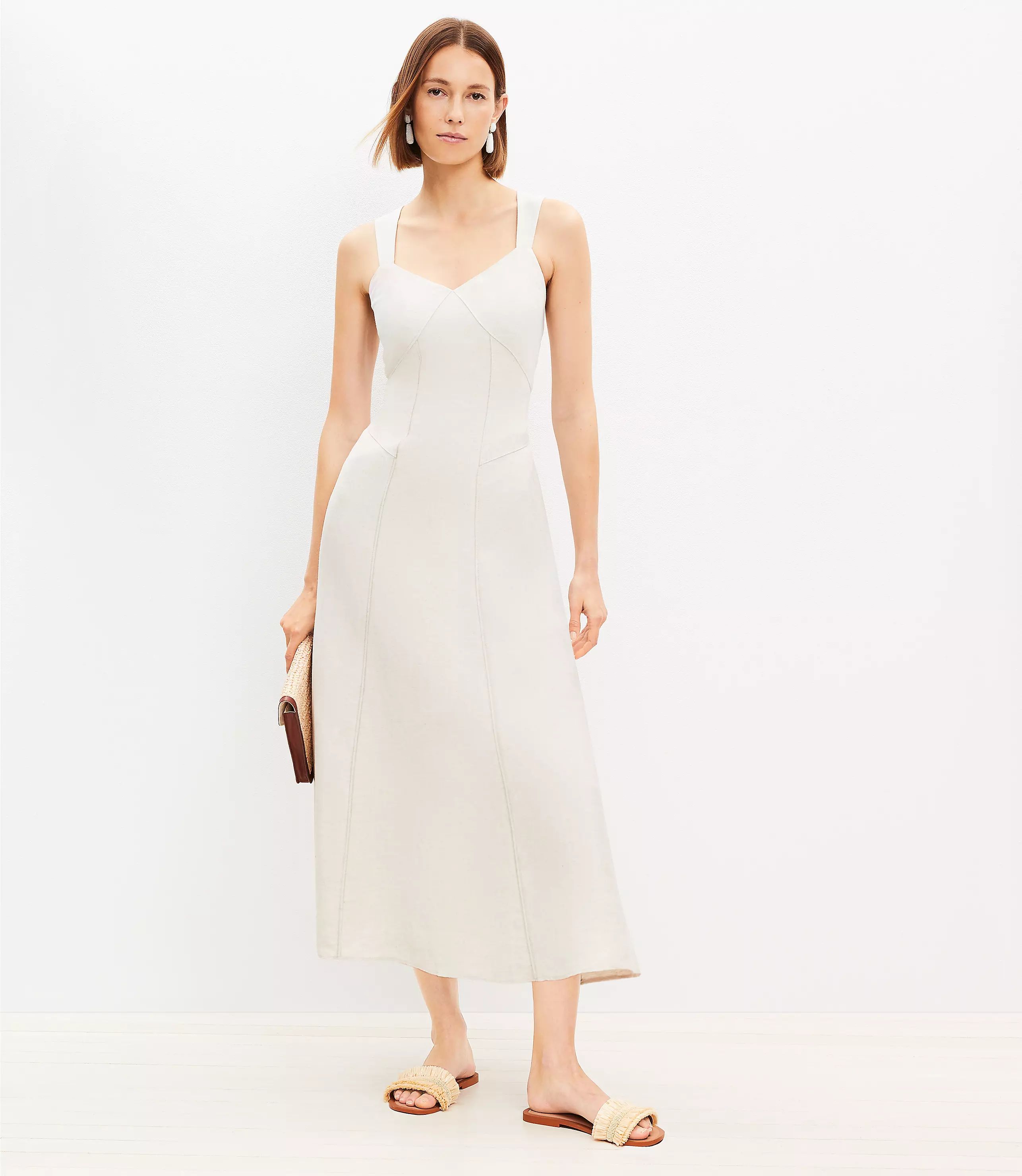 Linen Blend Seamed V-Neck Midi Dress | LOFT